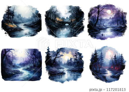 Six Watercolor Paintings of a Mystical Forest River Under a Night Sky 117201813