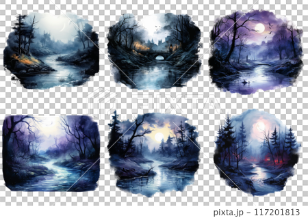 Six Watercolor Paintings of a Mystical Forest River Under a Night Sky 117201813
