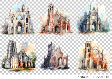 Six Watercolor Paintings Depicting Gothic Cathedrals in Various States of Repair Six Watercolor Paintings Depicting Gothic Cathedrals in Various States of Repair 117201816