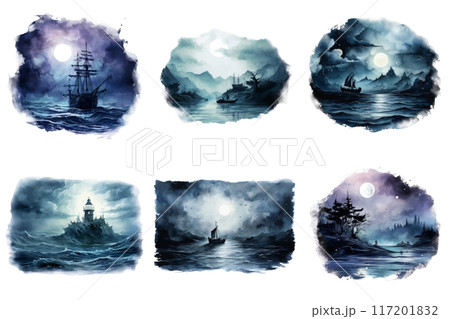 Six Watercolor Paintings of Seascapes with Boats and Lighthouses Under a Moonlight Sky 117201832