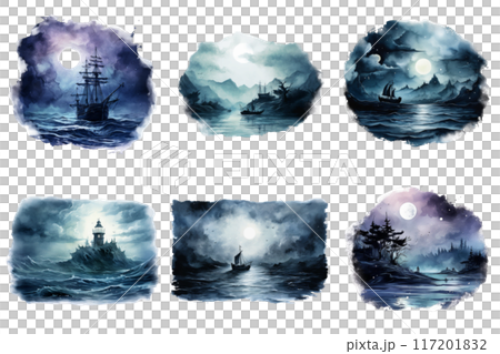 Six Watercolor Paintings of Seascapes with Boats and Lighthouses Under a Moonlight Sky 117201832