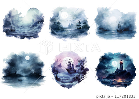 Six Watercolor Illustrations of Ships and Lighthouses in Moonlight 117201833