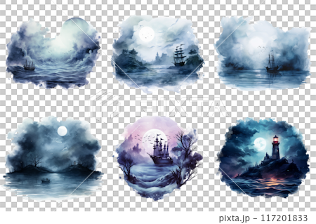 Six Watercolor Illustrations of Ships and Lighthouses in Moonlight 117201833