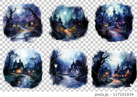 Six Watercolor Paintings Depicting a Mystical Village Under a Full Moon 117201834