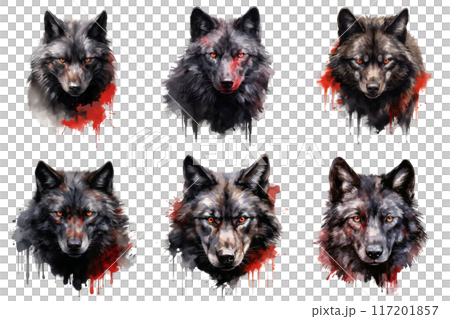Six Watercolor Wolf Portraits with Red Splatters 117201857