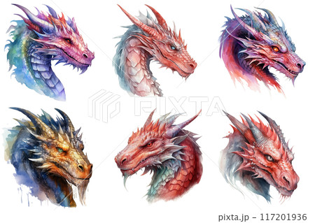 Six Dragon Heads in Watercolor Style 117201936