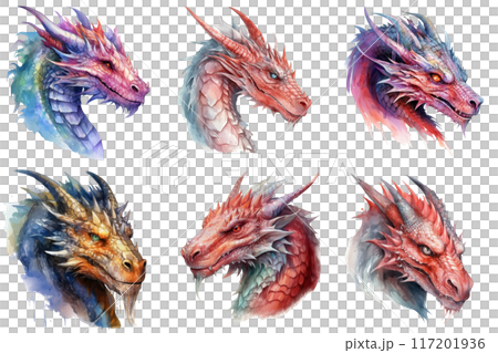 Six Dragon Heads in Watercolor Style 117201936
