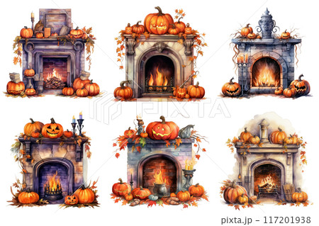 Six Fireplaces Decorated with Pumpkins and Fall Foliage 117201938