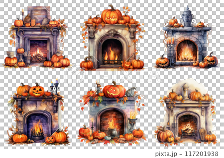 Six Fireplaces Decorated with Pumpkins and Fall Foliage 117201938