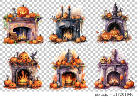 Six Fireplaces Decorated with Jack-o'-Lanterns and Halloween Accents 117201940