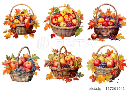 Six Wicker Baskets Filled with Autumn Fruits and Grapes 117201941
