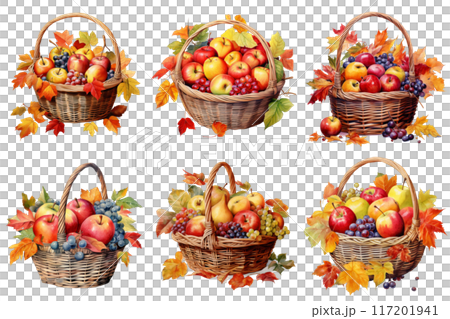 Six Wicker Baskets Filled with Autumn Fruits and Grapes 117201941