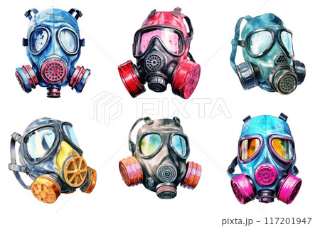 Watercolor Illustration of Six Colorful Gas Masks 117201947
