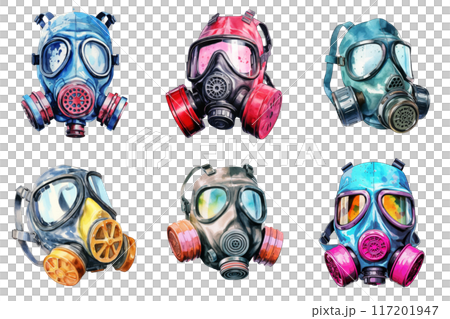 Watercolor Illustration of Six Colorful Gas Masks 117201947