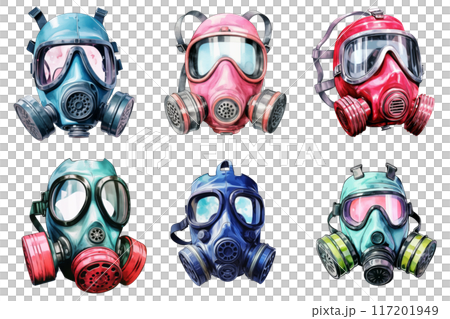 Watercolor Illustration of Six Different Colored Gas Masks 117201949