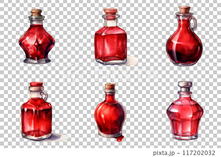 Six Watercolor Bottles of Red Potion with Glass and Cork Stoppers Six Watercolor Bottles of Red Potion with Glass and Cork Stoppers 117202032