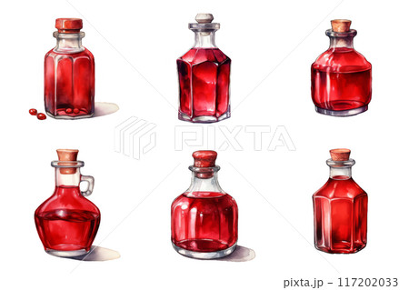 Six Watercolor Illustrations of Red Potions in Glass Bottles 117202033