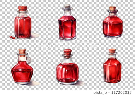 Six Watercolor Illustrations of Red Potions in Glass Bottles 117202033