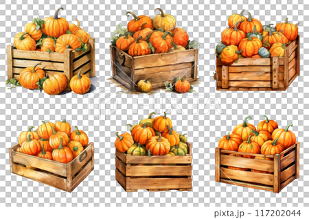 Watercolor illustration of six wooden crates filled with pumpkins 117202044