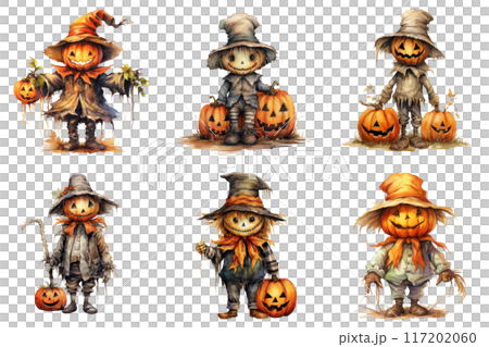 Six Halloween Scarecrow Figures with Jack-O-Lanterns 117202060