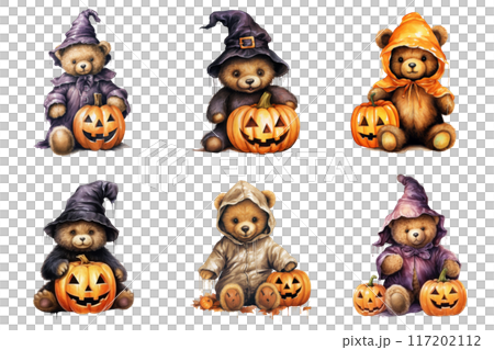 Six Teddy Bears Dressed in Halloween Costumes Holding Pumpkins 117202112