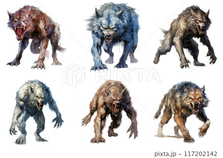 Six snarling, menacing werewolves in various poses 117202142