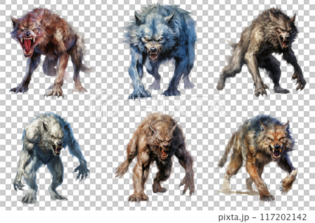 Six snarling, menacing werewolves in various poses 117202142