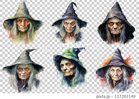 Six Watercolor Portraits of an Elderly Woman in Witch Hats Six Watercolor Portraits of an Elderly Woman in Witch Hats 117202149