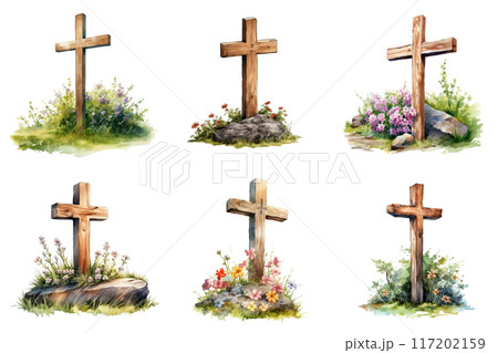 Six Wooden Crosses Surrounded by Flowers and Grass Six Wooden Crosses Surrounded by Flowers and Grass 117202159