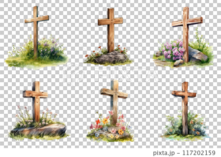 Six Wooden Crosses Surrounded by Flowers and Grass Six Wooden Crosses Surrounded by Flowers and Grass 117202159