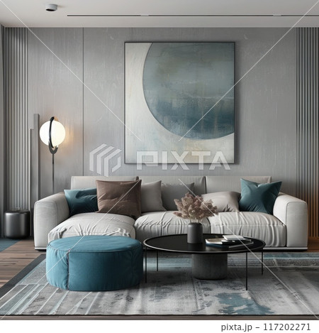 Stylish living space featuring a plush chair, textured rug, and industrial elements, ideal for showcasing modern home decor Stylish living space featuring a plush chair, textured rug, and industrial elements, ideal for showcasing modern home decor 117202271