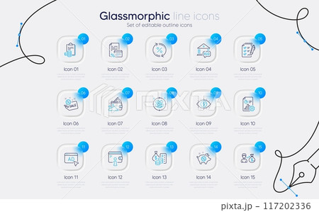 Set of Loan percent, Sale and Accounting line icons for web app. Calendar tax, Stress, Money icons. Ad, Report, Survey checklist signs. Business vision, Piggy sale, Bid offer. Wallet. Vector 117202336