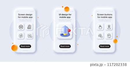 Fake news, Weariness and Medical mask line icons pack. 3d phone mockups with bell alert. Glass smartphone screen. Eco food, Update data, Report web icon. English, Ab testing pictogram. Vector 117202338