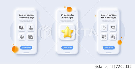 Touchscreen gesture, Delivery truck and Volunteer line icons pack. 3d phone mockups with star. Glass smartphone screen. Like, Truck parking, Shipment web icon. Vector 117202339