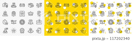 Casino chips, very important person, delivery parcel. Vip line icons. Certificate, player table, vip buyer icons. Crown, casino ticket, business class flight. Membership privilege. Vector 117202340