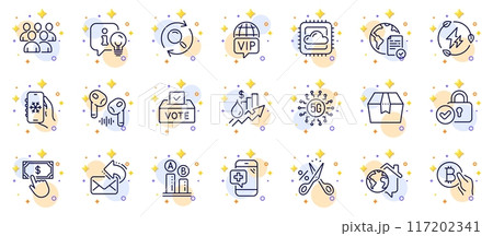 Outline set of 5g technology, Share mail and Package box line icons for web app. Include Group, Verified locker, Online voting pictogram icons. Rise price, Vote box, Work home signs. Vector 117202341