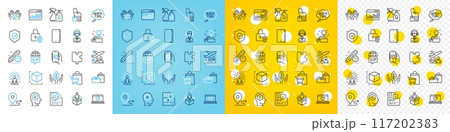 Vector icons set of Gifts, Puzzle and Journey line icons pack for web with Security shield, Brain working, Fair trade outline icon. Fingerprint lock, Yoga, Web love pictogram. Phone. Vector 117202383