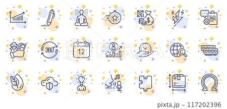 Outline set of Clipboard, Chart and Organic product line icons for web app. Include Timer, Omega, Box size pictogram icons. Puzzle, Education, Qr code signs. Annual calendar, Safe time. Vector 117202396