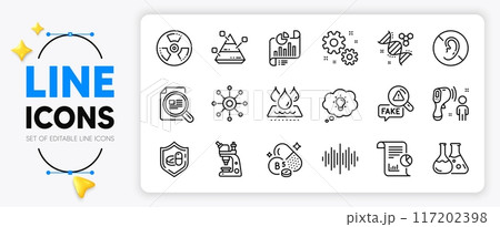 Fake news, Waterproof and Pantothenic acid line icons set for app include Report document, Chemistry lab, Report outline thin icon. Microscope, Work, Chemical hazard pictogram icon. Vector 117202398