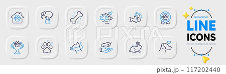 Elephant on ball, Pet shelter and Lightweight line icons for web app. Pack of Pets care, Dog bone, Fish school pictogram icons. Fish, Animal tested, Winner cup signs. Pet friendly. Vector 117202440