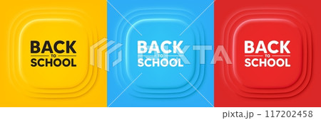 Back to school tag. Neumorphic offer banners. Education offer. End of vacation slogan. Back to school podium background. Product infographics. Vector 117202458