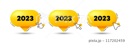 2023 year icon. Click here buttons. Event schedule annual date. 2022 annum planner. 2023 speech bubble chat message. Talk box infographics. Vector 117202459