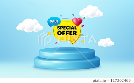Special offer banner. Winner podium 3d base. Product offer pedestal. Discount sticker with heart. Gift coupon icon. Special offer promotion message. Background with 3d clouds. Vector 117202469