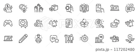 Icons pack as Timer, Eco power and Share call line icons for app include Return package, Creative design, Pencil outline thin icon web set. Hdd, Gamepad, Voting hands pictogram. Vector Icons pack as Timer, Eco power and Share call line icons for app include Return package, Creative design, Pencil outline thin icon web set. Hdd, Gamepad, Voting hands pictogram. Vector 117202480