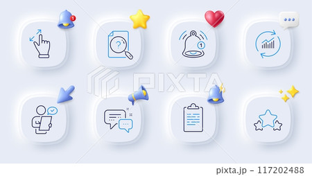 Stars, Update data and Clipboard line icons. Buttons with 3d bell, chat speech, cursor. Pack of Employees messenger, Touchscreen gesture, Search document icon. Vector Stars, Update data and Clipboard line icons. Buttons with 3d bell, chat speech, cursor. Pack of Employees messenger, Touchscreen gesture, Search document icon. Vector 117202488