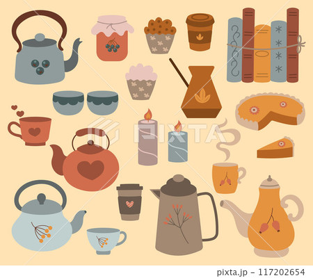 Autumn cosy set. Autumn, thanksgiving, warm moments. Clipart set for stickers, poster, banner, greeting card, flyer, invitation card, cover, template. Teapot cup books candles jam pie cakes coffee Autumn cosy set. Autumn, thanksgiving, warm moments. Clipart set for stickers, poster, banner, greeting card, flyer, invitation card, cover, template. Teapot cup books candles jam pie cakes coffee 117202654