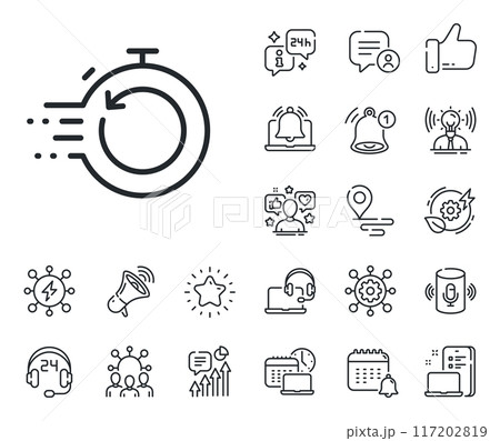 Backup data sign. Place location, technology and smart speaker outline icons. Fast recovery info line icon. Restore timer symbol. Fast recovery line sign. Influencer, brand ambassador icon. Vector 117202819
