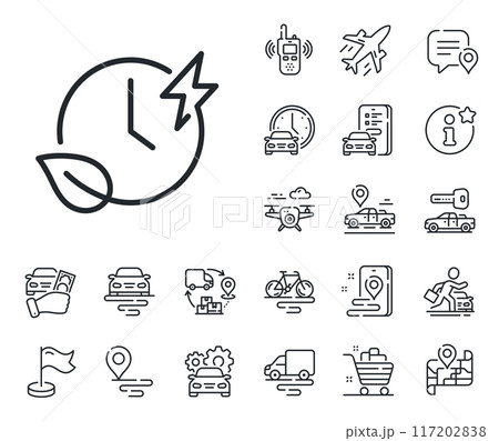 Charge accumulator sign. Plane, supply chain and place location outline icons. Charging time line icon. Eco electric power symbol. Charging time line sign. Taxi transport, rent a bike icon. Vector 117202838