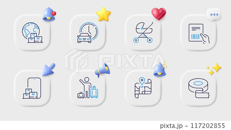 International delivery, Parcel invoice and Adhesive tape line icons. Buttons with 3d bell, chat speech, cursor. Pack of Book car, Baby carriage, Online storage icon. Vector 117202855