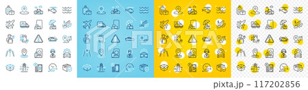 Vector icons set of Time schedule, Parking payment and Car service line icons pack for web with Baggage, Plane, Helicopter outline icon. Delivery man, Car, Parcel insurance pictogram. Vector 117202856